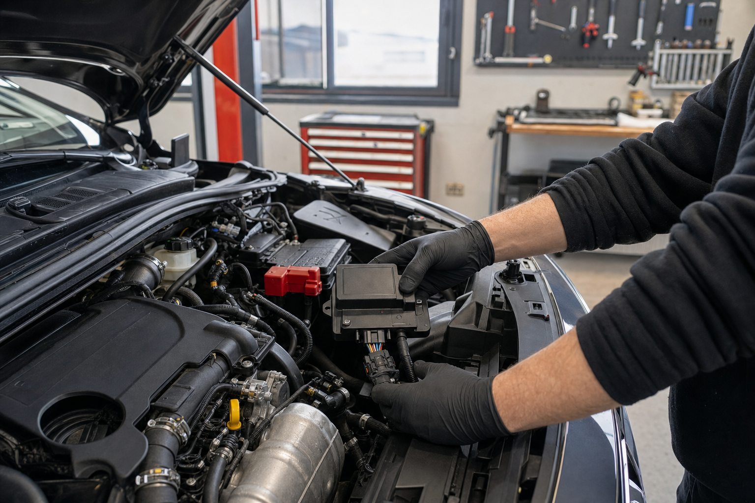 Installation d’un boîtier de conversion E85 dans un compartiment moteur